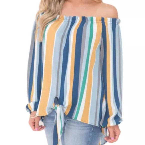 nip Multicolor Stripe Off The Shoulder Blouse TopM - Picture 2 of 3